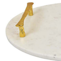 14 Inch Decorative Serving Tray, Gold Handles, Square, White Marble Finish - BM312494