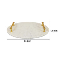 14 Inch Decorative Serving Tray, Gold Handles, Square, White Marble Finish - BM312494