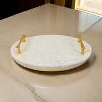 14 Inch Decorative Serving Tray, Gold Handles, Square, White Marble Finish - BM312494