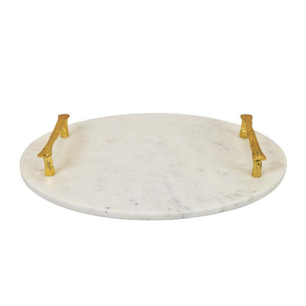 14 Inch Decorative Serving Tray, Gold Handles, Square, White Marble Finish - BM312494