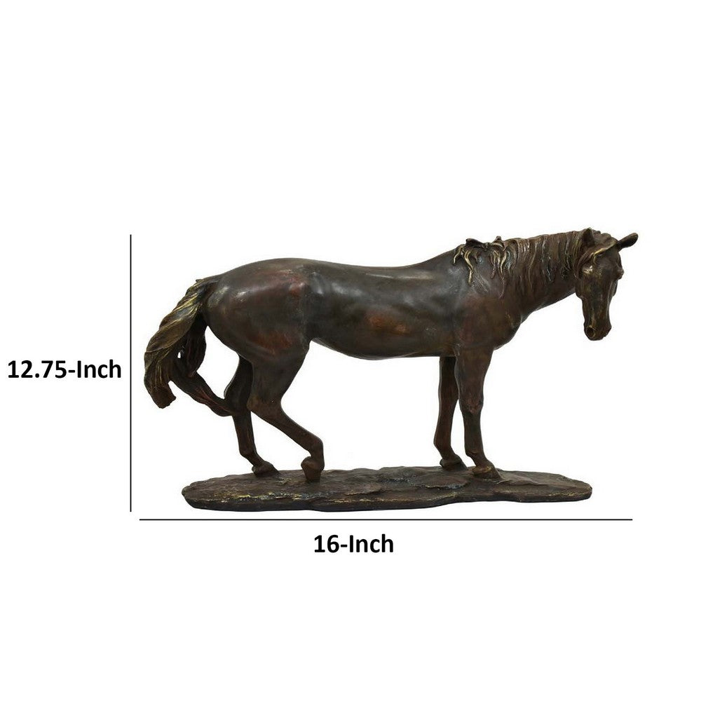 Refi 16 Inch Horse Statuette Figurine, Modern Style, Gold, Dark Brown Resin - BM312499