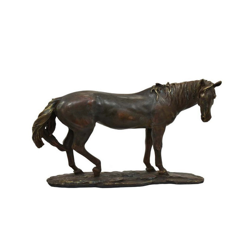 Refi 16 Inch Horse Statuette Figurine, Modern Style, Gold, Dark Brown Resin - BM312499