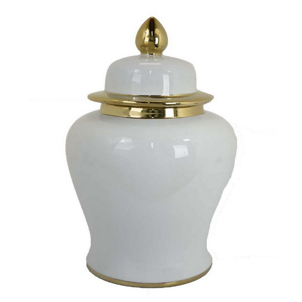 24 Inch Decorative Temple Jar with Gold Accents, Ceramic, White Finish - BM312503