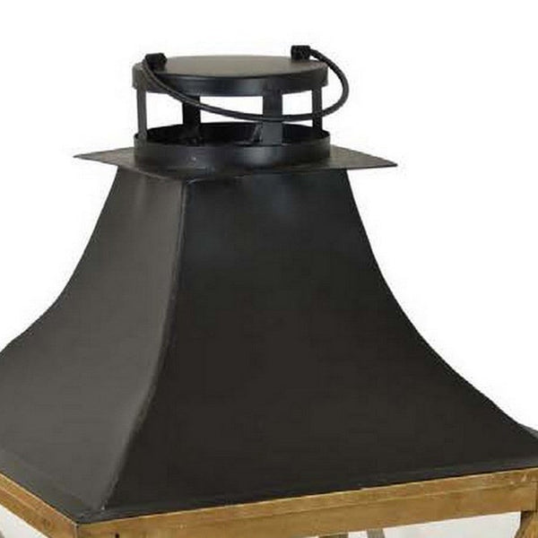 29 Inch Lantern Tabletop Decor, Glass Panels, Brown Wood, Black Metal - BM312508