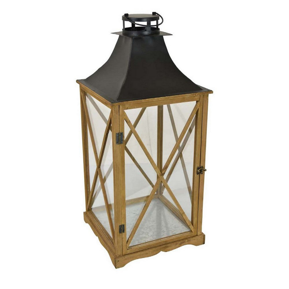 29 Inch Lantern Tabletop Decor, Glass Panels, Brown Wood, Black Metal - BM312508