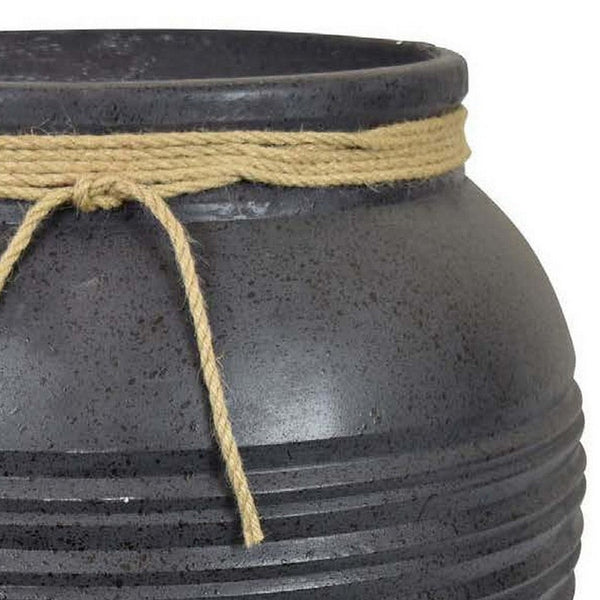 17 Inch Planter with Rope Accent Details, Round, Clean Lines, Black Resin - BM312514