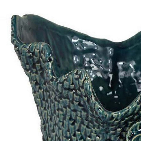 17 Inch Vase with Barnacle Design And Floral Details, Blue Ceramic Finish - BM312516