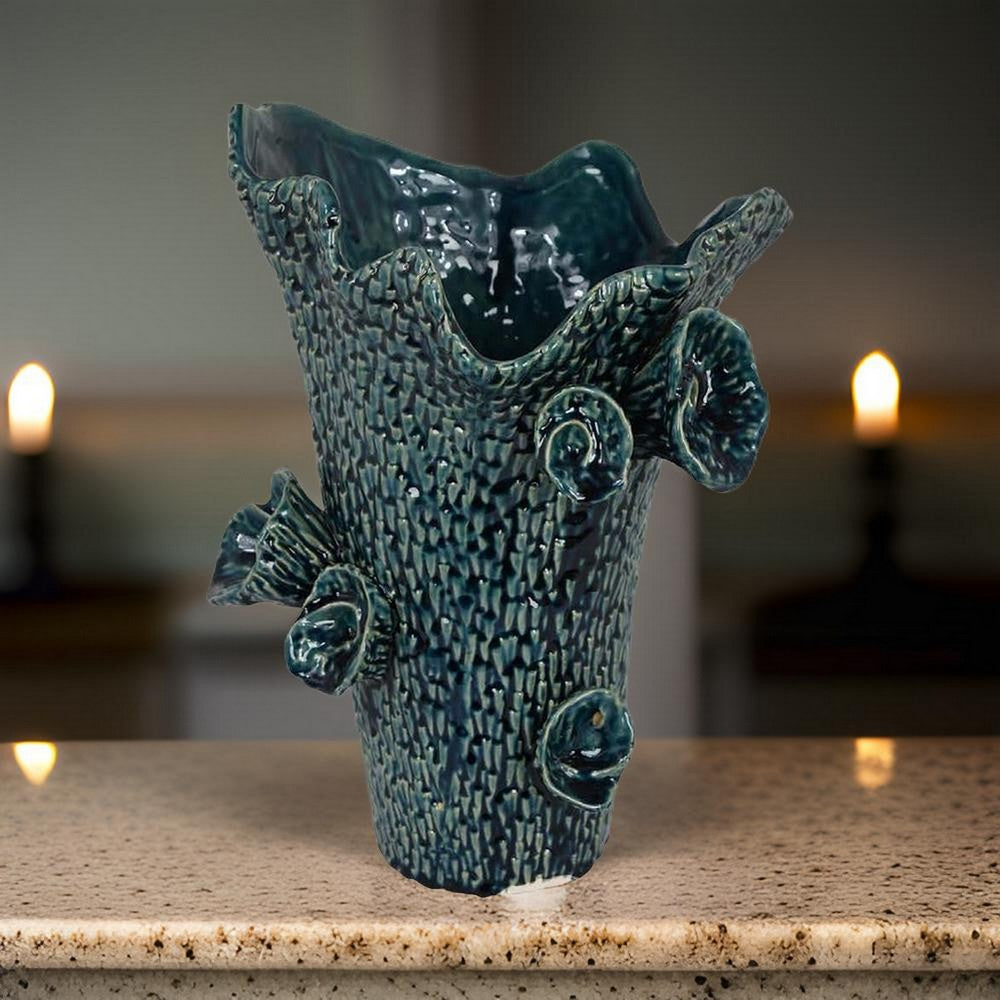 17 Inch Vase with Barnacle Design And Floral Details, Blue Ceramic Finish - BM312516