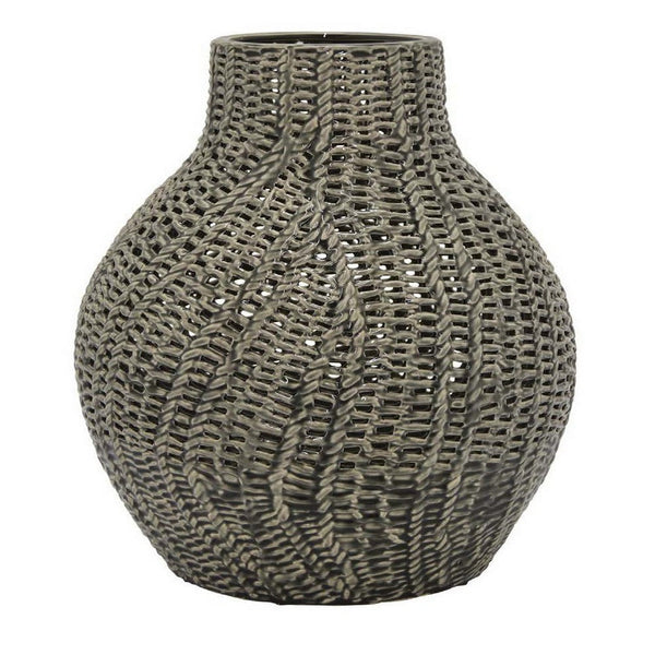 20 Inch Accent Vase with Mesh Like Design, Round, Gray Ceramic Finish - BM312528