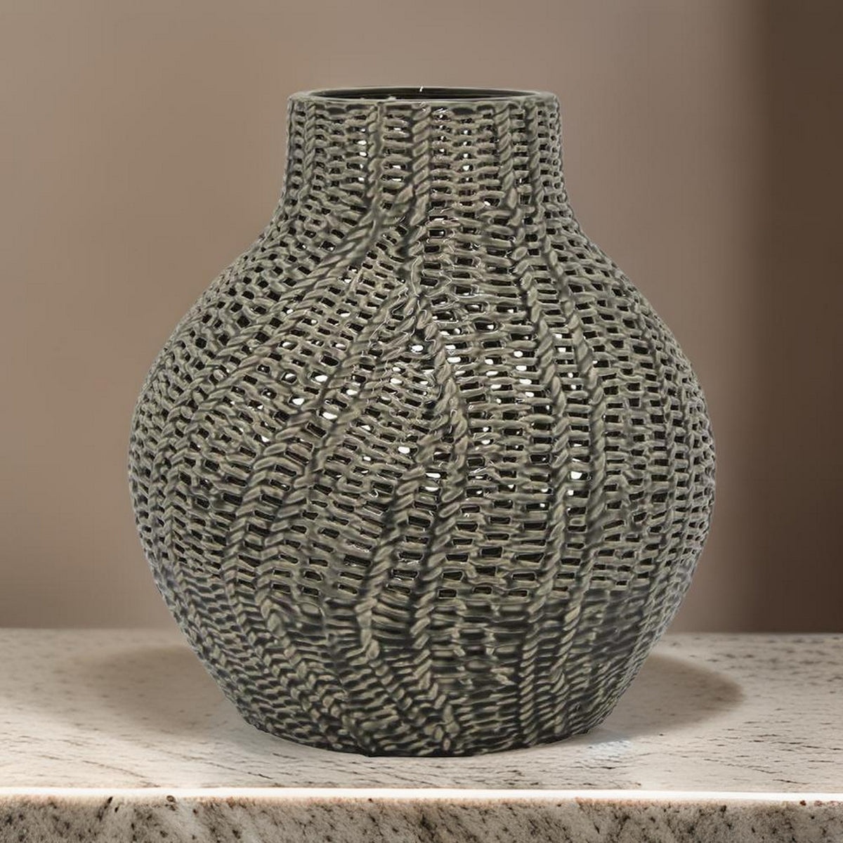 20 Inch Accent Vase with Mesh Like Design, Round, Gray Ceramic Finish - BM312528