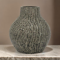 20 Inch Accent Vase with Mesh Like Design, Round, Gray Ceramic Finish - BM312528