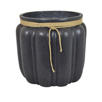 Rave 17 Inch Planter, Pumpkin Like Shape and Rope Details, Black Resin - BM312531