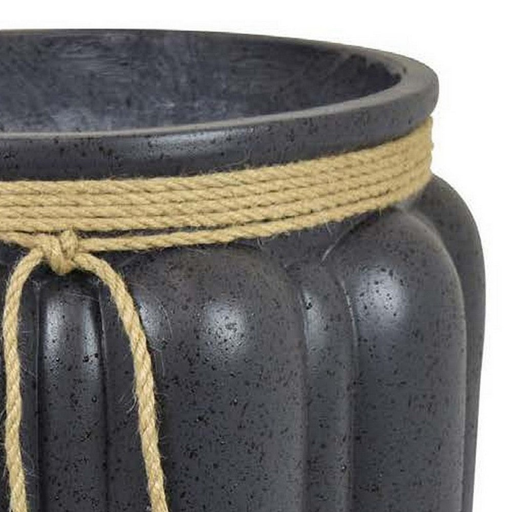 Rave 17 Inch Planter, Pumpkin Like Shape and Rope Details, Black Resin - BM312531