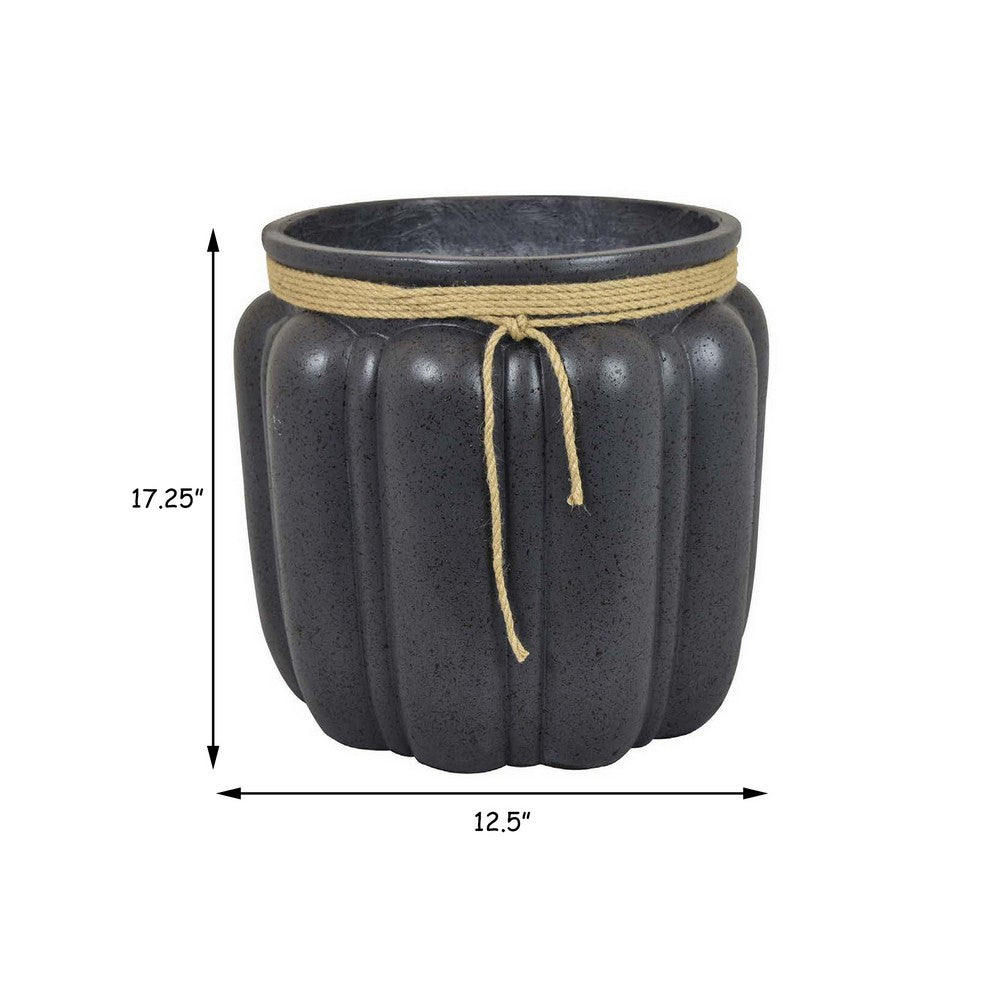 Rave 17 Inch Planter, Pumpkin Like Shape and Rope Details, Black Resin - BM312531