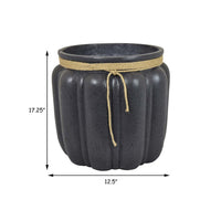 Rave 17 Inch Planter, Pumpkin Like Shape and Rope Details, Black Resin - BM312531