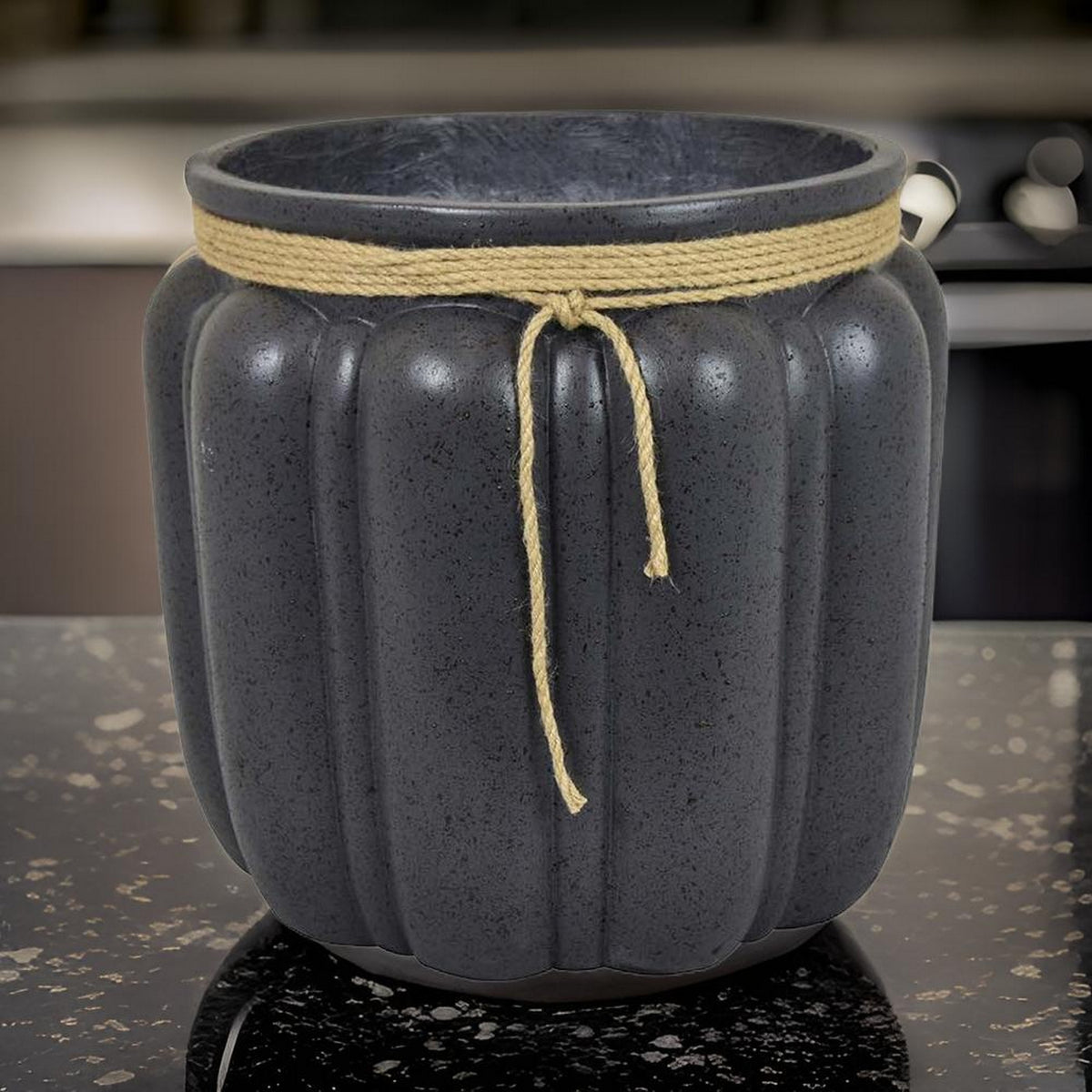 Rave 17 Inch Planter, Pumpkin Like Shape and Rope Details, Black Resin - BM312531