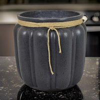 Rave 17 Inch Planter, Pumpkin Like Shape and Rope Details, Black Resin - BM312531