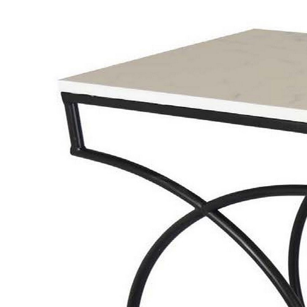 Set of 2 Plant Stand Tables, Square Marble Top, Geometric, Black Metal - BM312540