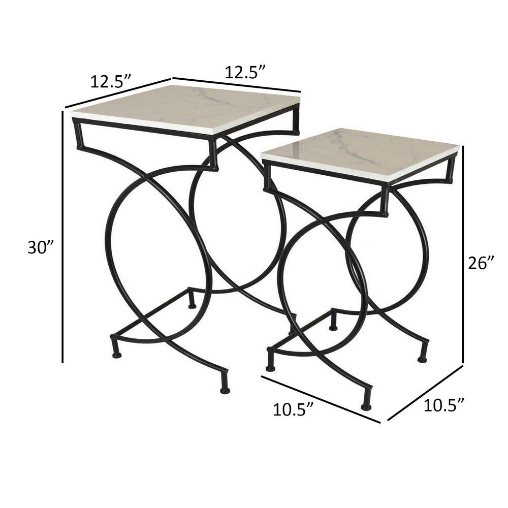 Set of 2 Plant Stand Tables, Square Marble Top, Geometric, Black Metal - BM312540