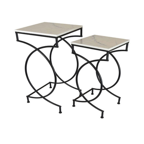 Set of 2 Plant Stand Tables, Square Marble Top, Geometric, Black Metal - BM312540