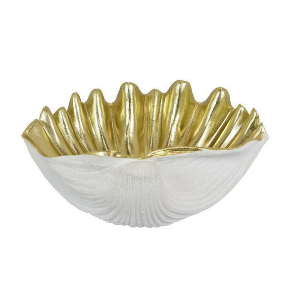 18 Inch Decorative Shell Bowl, Gold Details and Delicate Folds, White Resin - BM312547