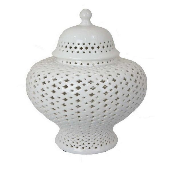 20 Inch Decorative Temple Jar, Carved Out Details, Dome Lid, White Ceramic - BM312556