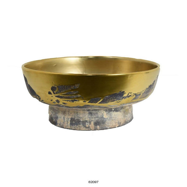 16 Inch Decorative Bowl, Distressed Gold Finish, Modern Aesthetic, Ceramic - BM312559