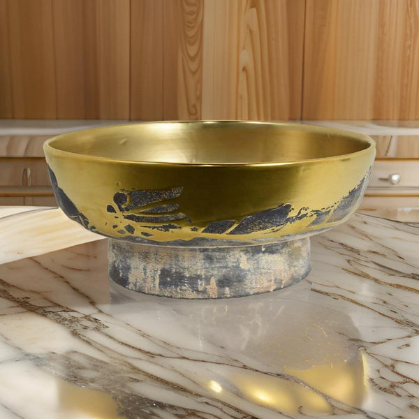 16 Inch Decorative Bowl, Distressed Gold Finish, Modern Aesthetic, Ceramic - BM312559