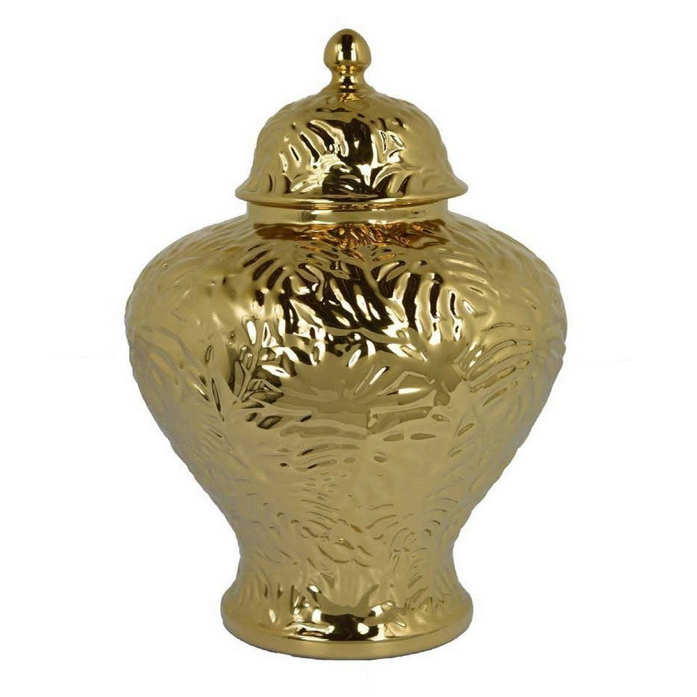 Aniea 18 Inch Accent Temple Jar, Geometric Design, Dome Lid, Gold Ceramic - BM312568