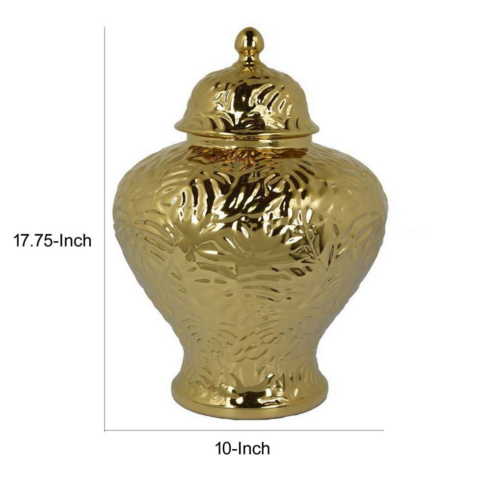 Aniea 18 Inch Accent Temple Jar, Geometric Design, Dome Lid, Gold Ceramic - BM312568