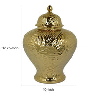 Aniea 18 Inch Accent Temple Jar, Geometric Design, Dome Lid, Gold Ceramic - BM312568