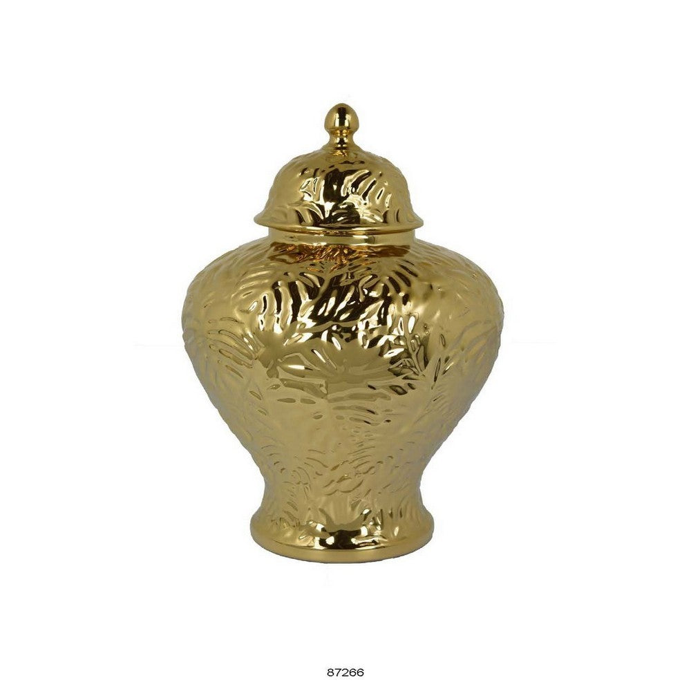 Aniea 18 Inch Accent Temple Jar, Geometric Design, Dome Lid, Gold Ceramic - BM312568