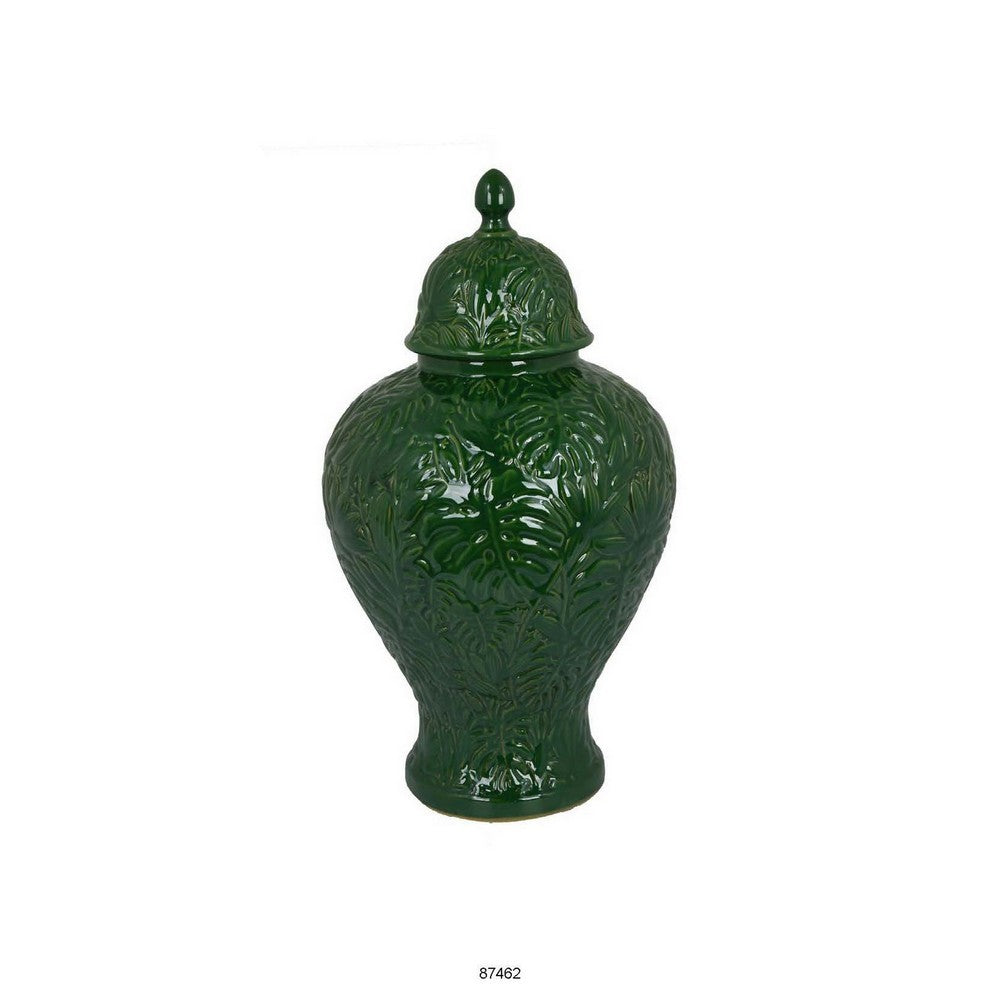 Aniea 18 Inch Accent Temple Jar, Geometric Design, Dome Lid, Green Ceramic - BM312569