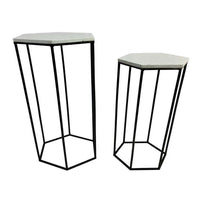 Set of 2 Plant Stand Tables, Modern Hexagon Shape, White Marble Top, Black - BM312572