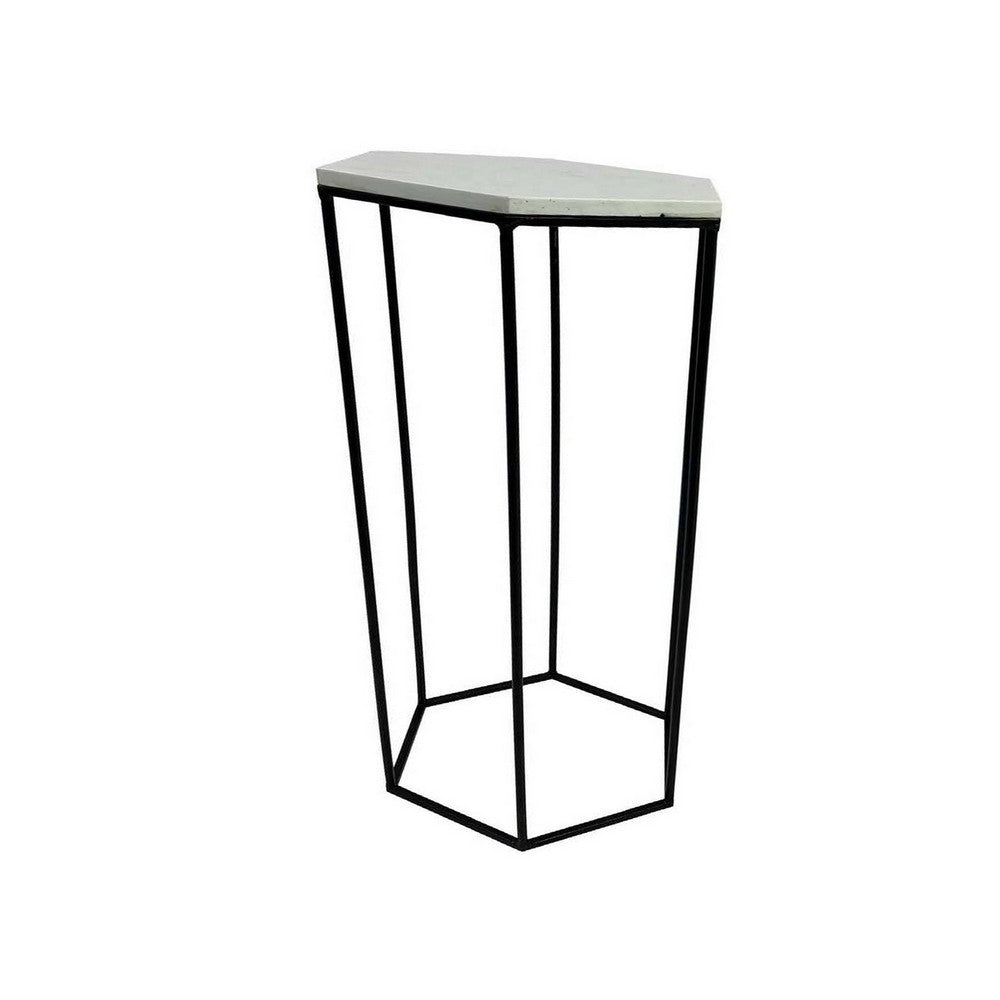 Set of 2 Plant Stand Tables, Modern Hexagon Shape, White Marble Top, Black - BM312572