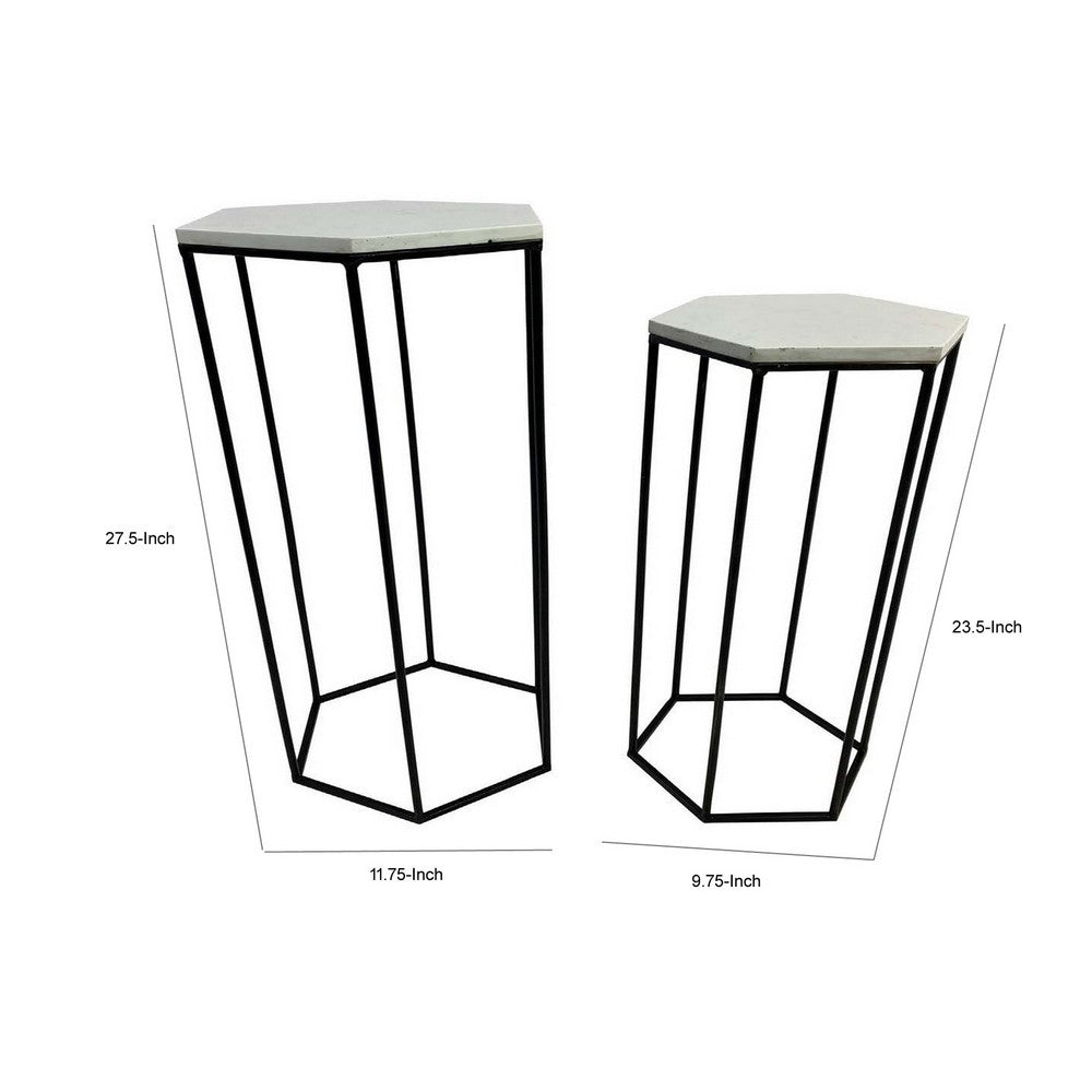 Set of 2 Plant Stand Tables, Modern Hexagon Shape, White Marble Top, Black - BM312572