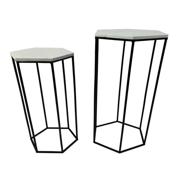 Set of 2 Plant Stand Tables, Modern Hexagon Shape, White Marble Top, Black - BM312572