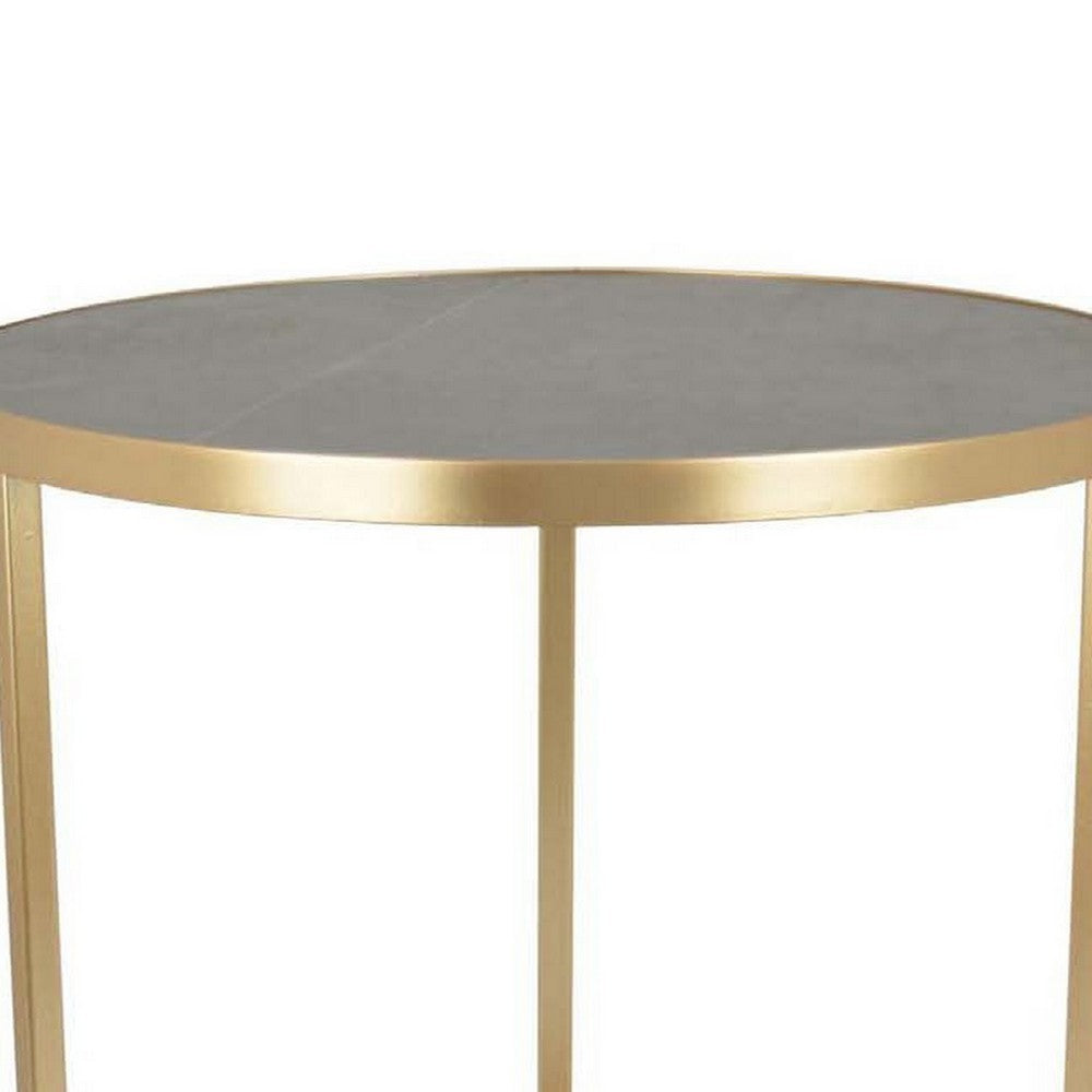 20 Inch Plant Stand Table, 3 Legged Metal Base, Gray Marble, Gold Finish - BM312575