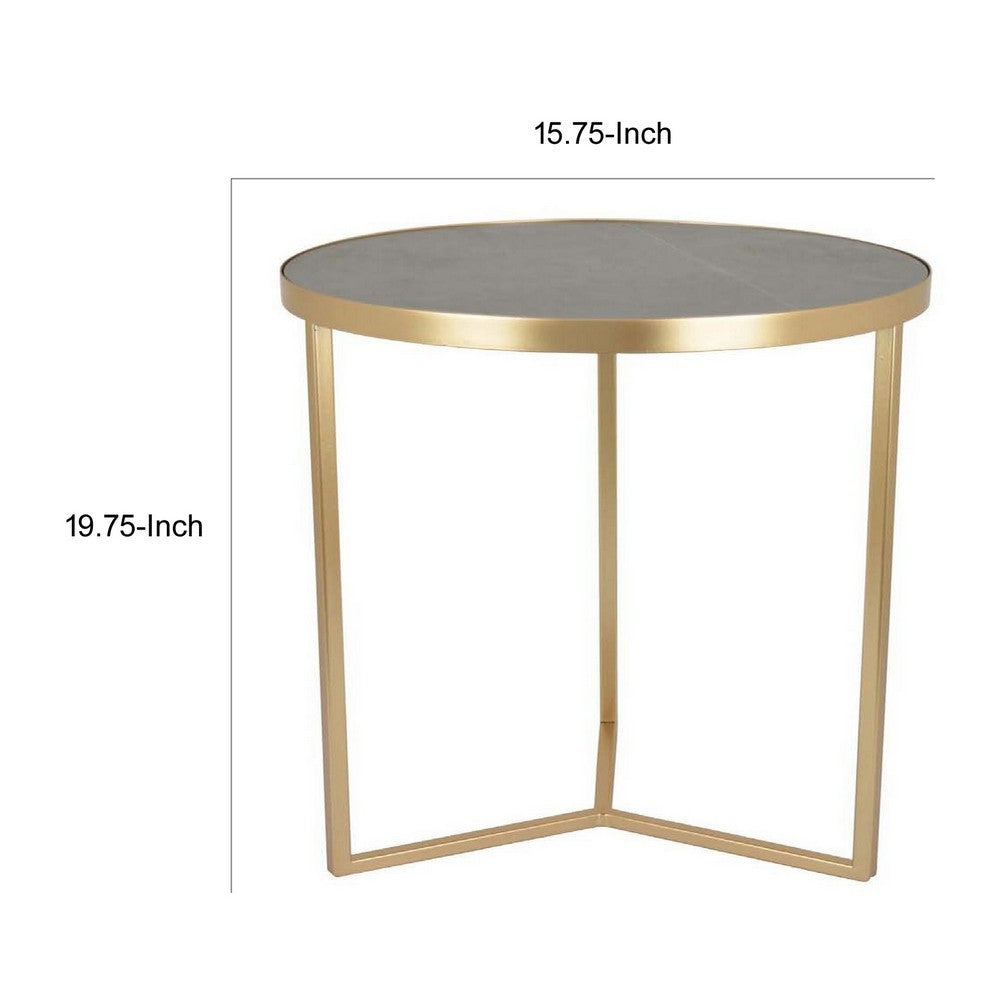 20 Inch Plant Stand Table, 3 Legged Metal Base, Gray Marble, Gold Finish - BM312575