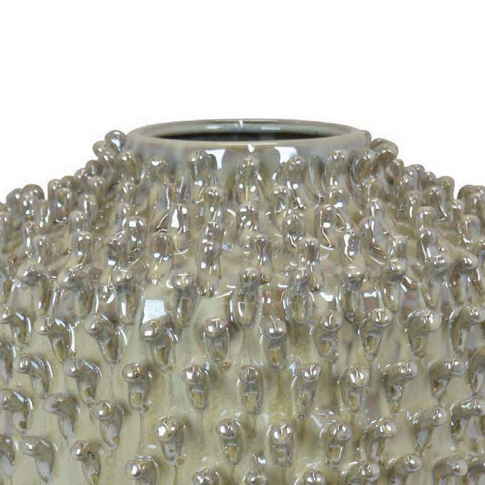 12 Inch Accent Vase, Modern Studded Accents, Distressed Gray Ceramic Finish - BM312578