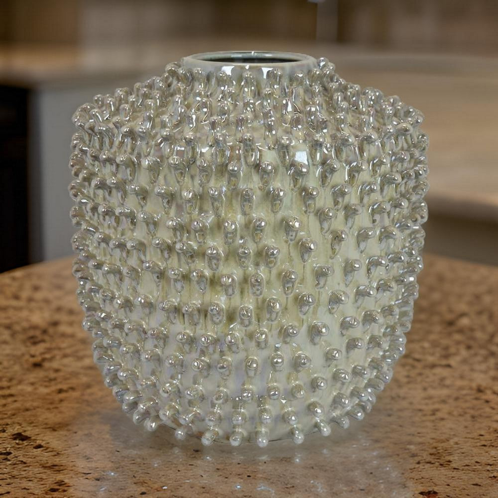 12 Inch Accent Vase, Modern Studded Accents, Distressed Gray Ceramic Finish - BM312578