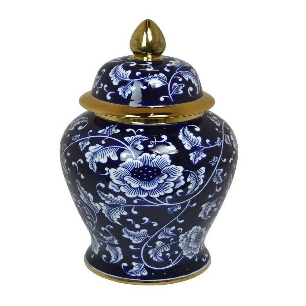 Sen 18 Inch Ceramic Temple Jar with Lid, Blue and White Floral Design, Gold - BM312579