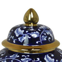 Sen 18 Inch Ceramic Temple Jar with Lid, Blue and White Floral Design, Gold - BM312579