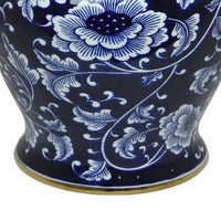 Sen 18 Inch Ceramic Temple Jar with Lid, Blue and White Floral Design, Gold - BM312579