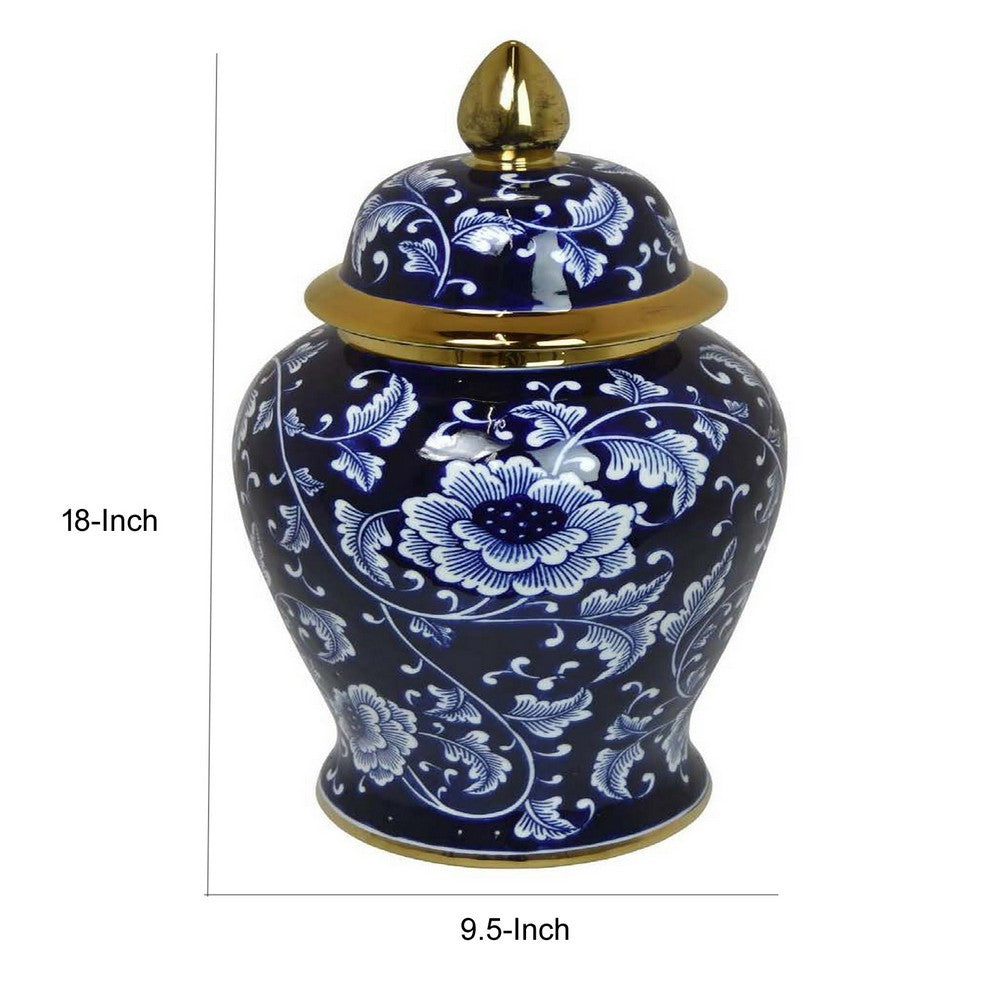 Sen 18 Inch Ceramic Temple Jar with Lid, Blue and White Floral Design, Gold - BM312579