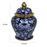 Sen 18 Inch Ceramic Temple Jar with Lid, Blue and White Floral Design, Gold - BM312579