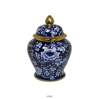 Sen 18 Inch Ceramic Temple Jar with Lid, Blue and White Floral Design, Gold - BM312579