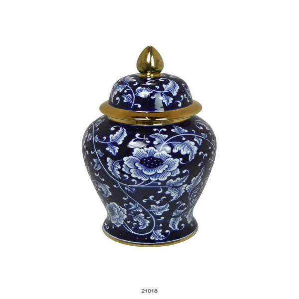 Sen 18 Inch Ceramic Temple Jar with Lid, Blue and White Floral Design, Gold - BM312579