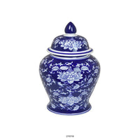 Sen 18 Inch Ceramic Temple Jar with Lid, Blue and White Flower Design - BM312580