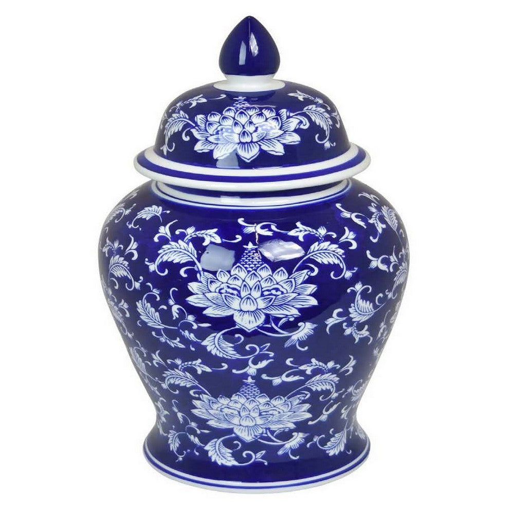 Sen 18 Inch Ceramic Temple Jar with Lid, Blue and White Flower Design - BM312580